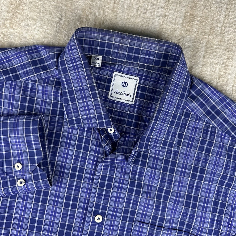 David Donahue‎ Long Sleeve Button Mens XXL Blue Purple Plaid Wrinkle Resistant
